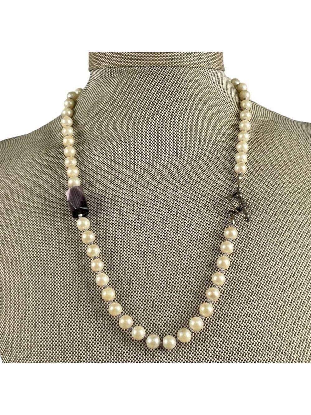 Faux Pearl Necklace with Purple Stone, Size 18” long - Picture 5 of 5